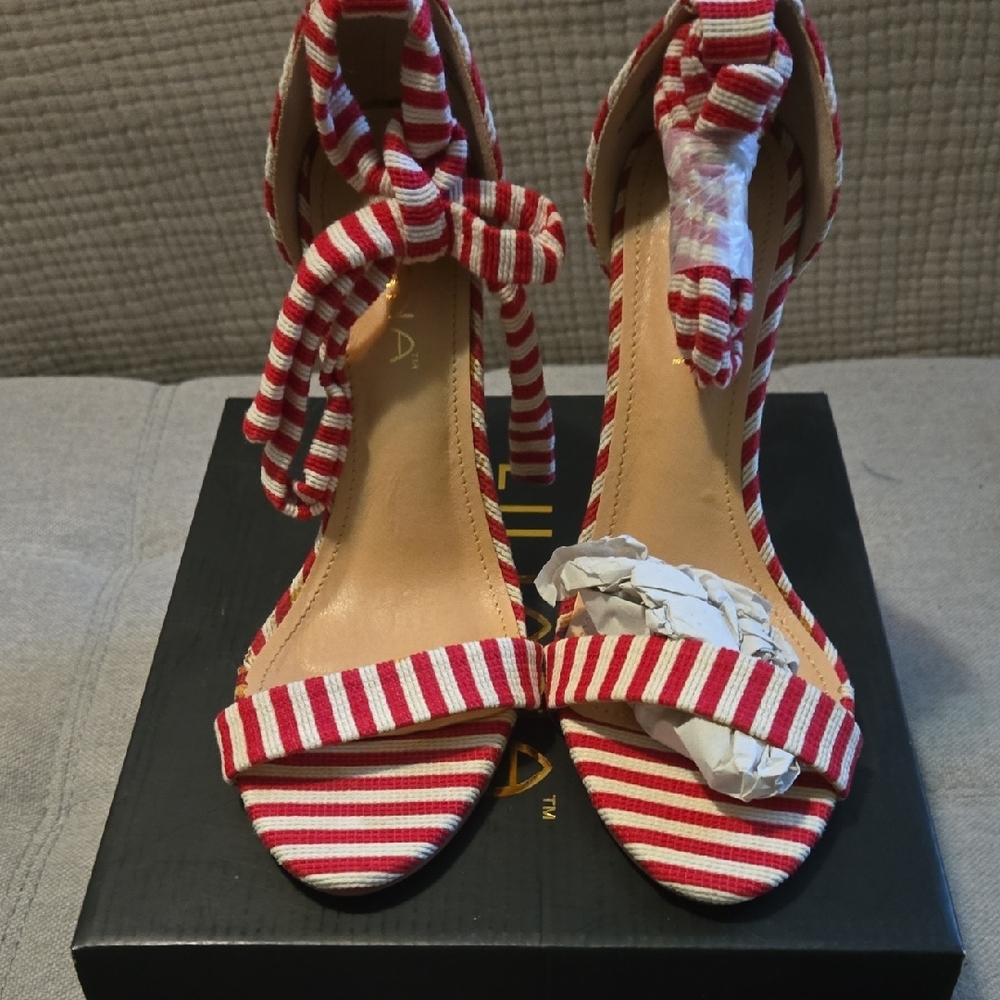 Liliana Red and White Striped Ankle Tie Women's Sandals